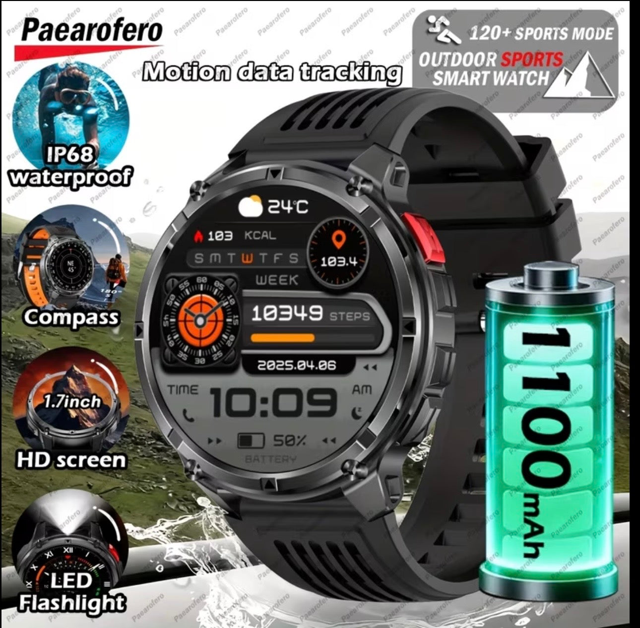 Men's Smartwatch, 1.7-inch HD Display, 1100mAh