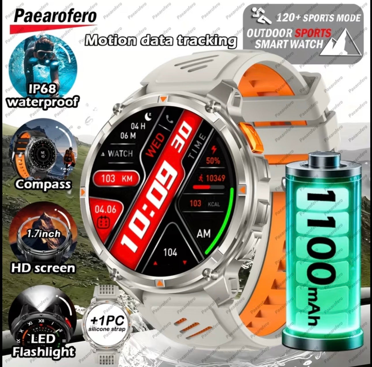 Men's Smartwatch, 1.7-inch HD Display, 1100mAh