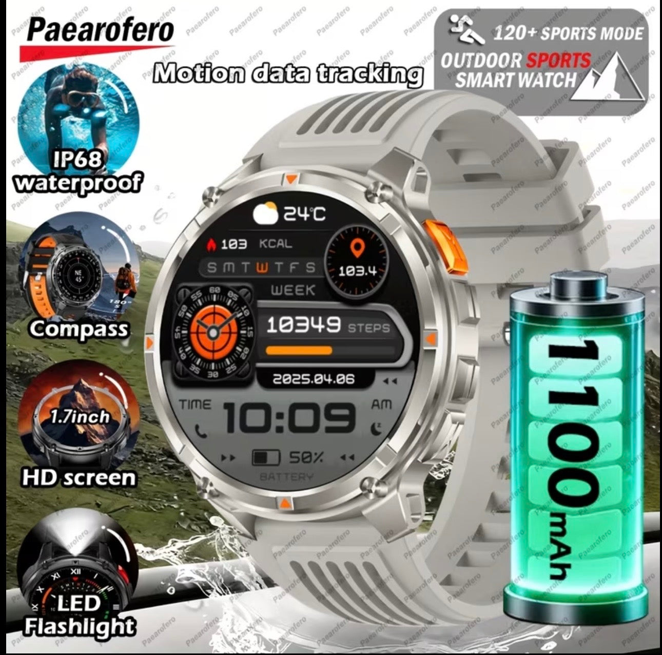 Men's Smartwatch, 1.7-inch HD Display, 1100mAh